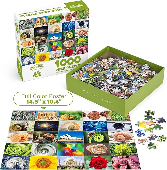 BenBen 1000 Piece Puzzle for Adults, 25 Fibonacci Spirals in Nature, Jigsaw Puzzles with Letters on Back, Challenging Puzzle for Game Night Home Décor
