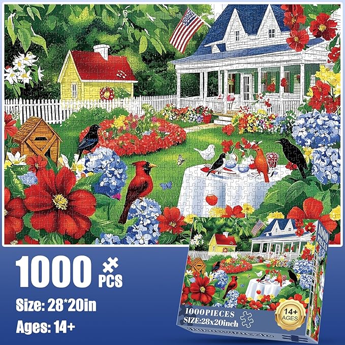 1000 Piece Puzzle for Adults, Beautiful Garden Scene Puzzles, Birds and Flowers Jigsaw Puzzles 1000 Pieces,Fun Landscape Puzzle for Adults Kids Seniors,Challenging Family Game Great Gift Idea,28*20 in