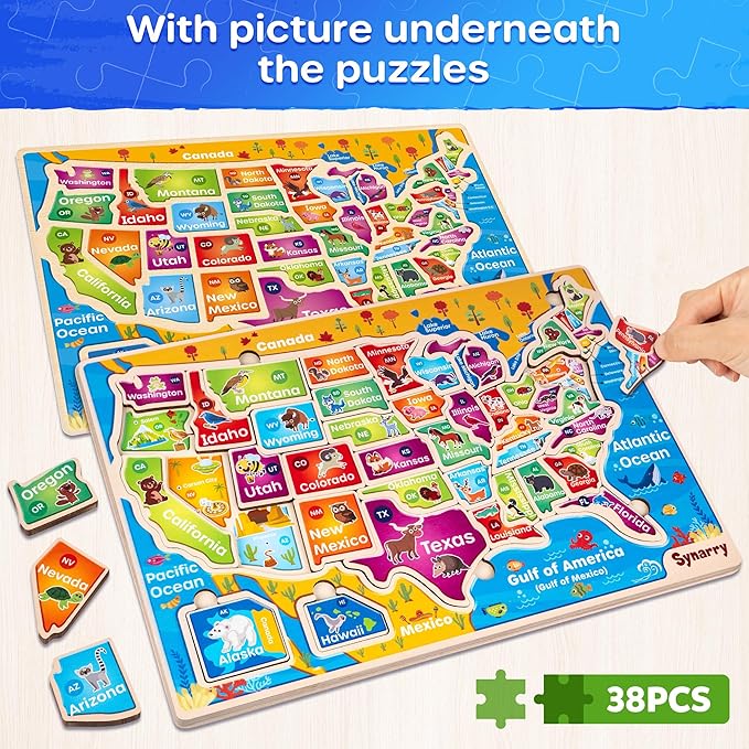 SYNARRY Large USA Wooden Puzzles for Kids Ages 3-5, Learning United States Map Puzzles for Kids Ages 4-6, Wood Jigsaw Puzzles Educational Games Toys for Boys Girls Ages 3-8, Easter Basket Stuffers