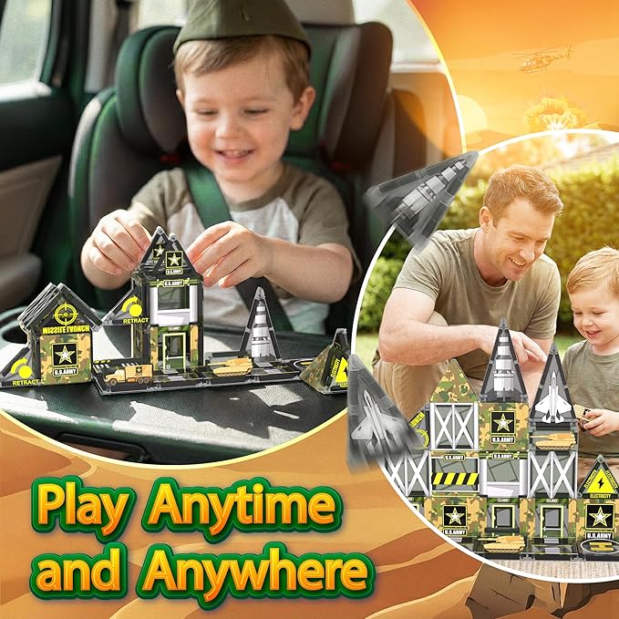 42PCS Mini Magnetic Tiles Army Base Travel Set with Iron Box STEM Educational Military Building Blocks Magnetic Construction Toy for Kids Ages 3 to 8 Creative Gift for Boys and Girls