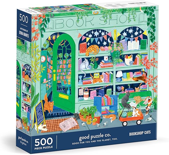Good Puzzle Co Bookshop Cats – 500 Piece Jigsaw Puzzle Featuring Beautiful Artwork of A Cozy Bookshop Storefront with Cats