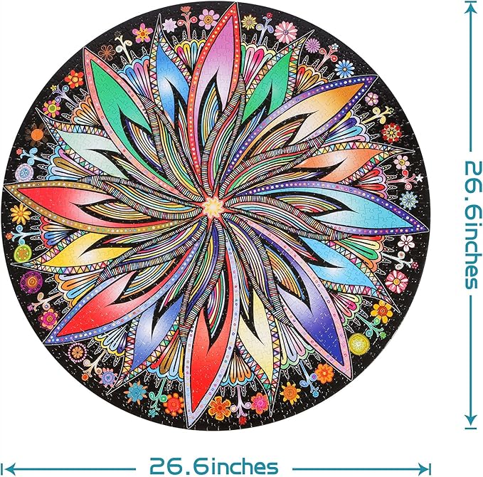 Bgraamiens Puzzle-Blooming Flowers-1000 Pieces Creative Geometric Round Blue Board Colorful Mandala Jigsaw Puzzle