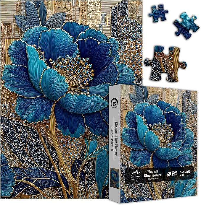 Blue Flower Puzzles for Adults 1000 Pieces, Beautiful Vintage Elegant Floral Jigsaw Puzzles, Diamond Aesthetic Art Plant Theme Puzzle Challenge for Adults Artistic