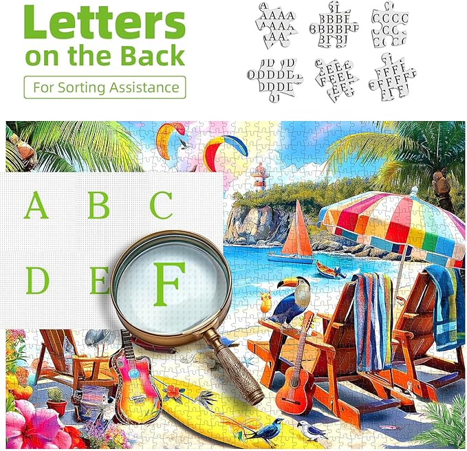 500 Piece Puzzle for Adults, Vibrant Tropical Beach Scene with Palm Trees Jigsaw Puzzle for Adults, Sun Beach Chair Sailboats Challenging Jigsaw Puzzles Game for Family & Friends (23x15 inch)