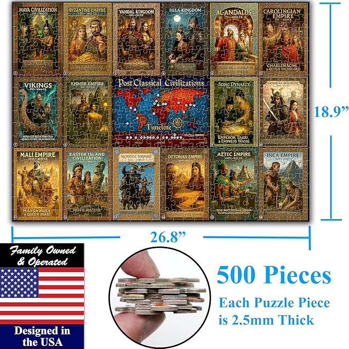 Think2Master Colorful Post Classical Civilization 500 Pieces Large Format Jigsaw Puzzle: 13+, Teens, Adults & Families. Great Gift with Historical Timeline & World Map. Size: 26.8” X 18.9”