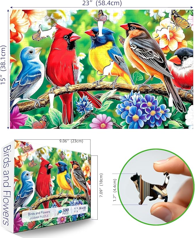 MINIWAN 500 Piece Puzzles for Adults - Vibrant Songbird Floral Jigsaw Puzzle, 23x15 Inches with Unique Irregular Shaped Pieces for Relaxation & Home Wall Decor