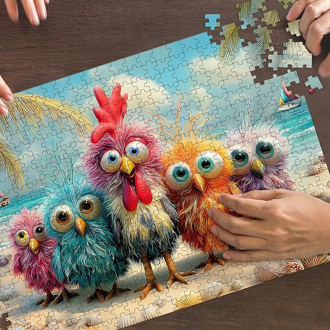 Puzzles for Adults 500 Pieces, Chicken Jigsaw Puzzles - Beach Bunch, Impossible Beach Puzzles for Seniors Family, 20.47x14.96 inches, 1:1 Poster, Letter on The Back