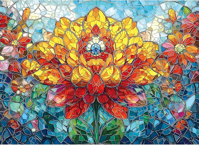 MINIWAN Stained Glass Mosaic Vibrant Giant Dahlia Puzzles for Adults 1000 Pieces, Colorful Mosaic Glass Floral Jigsaw Puzzle, Gift for Flower & Art Lovers 27.5x19.7 Inch
