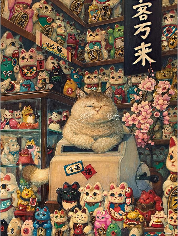 PieceRelax PieceClicks Plastic Jigsaw Puzzle for Adults 1000 Pieces - Phoenix Chan - Lucky Cat Shop - 25.2 X 18.9 Inches, Most Satisfying Table Games, No Glue Needed [U1033]