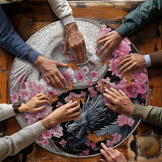 PICKFORU Dragon Puzzles for Adults 1000 Pieces, Fantasy Dinosaur Round Puzzle Flower Yinyang Animal, Floral Circle Unique Art Challenge Jigsaw Puzzle
