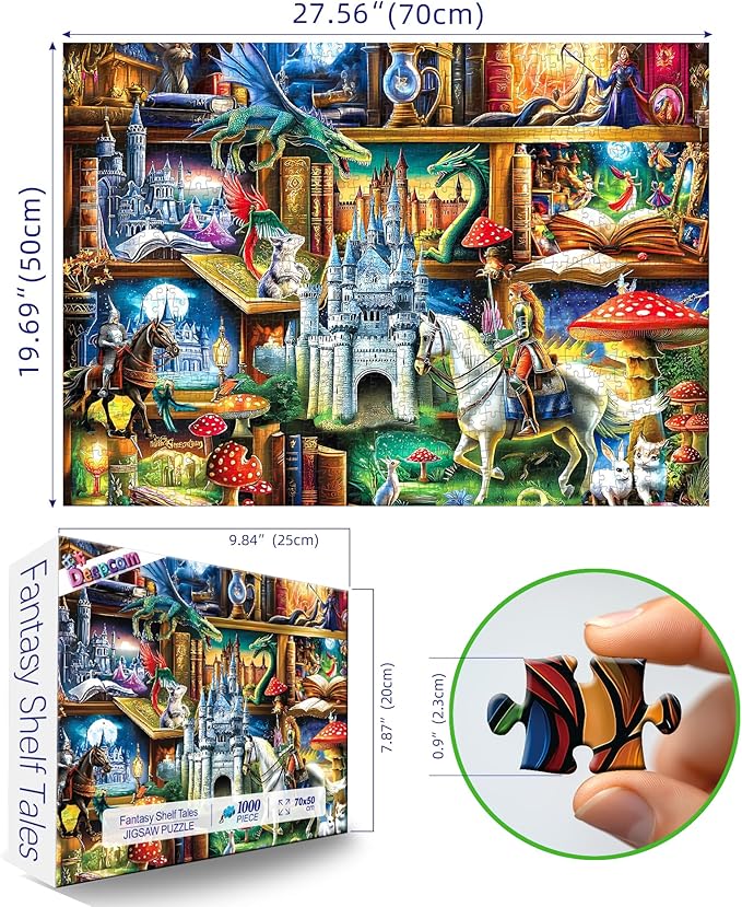 1000 Piece Fantasy Castle Bookshelf Jigsaw Puzzle for Adults, Dragons and Knights Theme, Fairy Tales Magical Castles Scene, Challenging Puzzle & Artwork