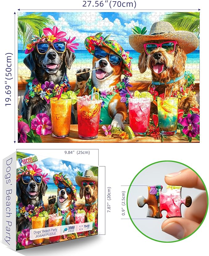 Puzzle 1000 Pieces Adult Tropical Dogs Beach Party Hawaiian Vacation Summer Cocktail Funny Animal Jigsaw Puzzles for Adults Difficult Challenging Family Game Night Gift Decor