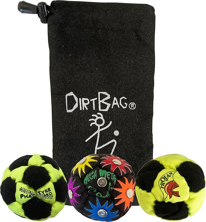 DIRTBAG Lover Footbag 3-Pack with Pouch, Includes Three Original and Unique Premium Quality Hand Sewn Footbags and Carry Pouch.