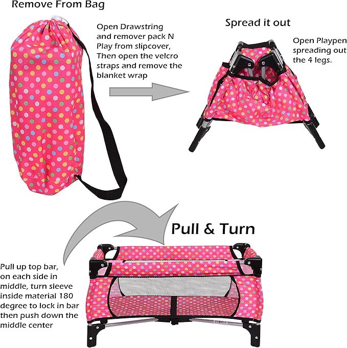 fash n kolor 4 Piece Doll Play Set, Includes - 1 Pack N Play. 2 Doll Stroller 3.Doll High Chair. 4.Infant Seat, Fits Up to 18'' Doll (4 Piece Set)