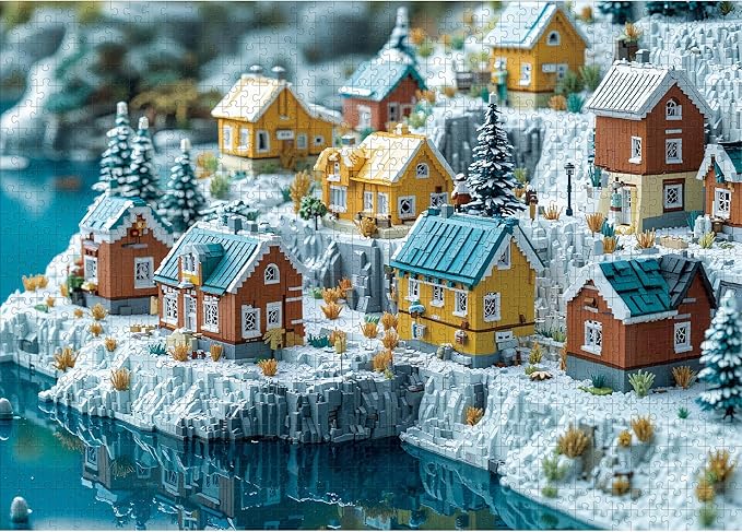 Christmas Puzzles for Adults 1000 Pieces, Winter Norway Iceland Block Town, 3D Nature Landscape 1000 Piece Puzzle for Adults Seniors, Jigsaw Puzzles with Letters on Back, fun Gifts, 1:1 Poster