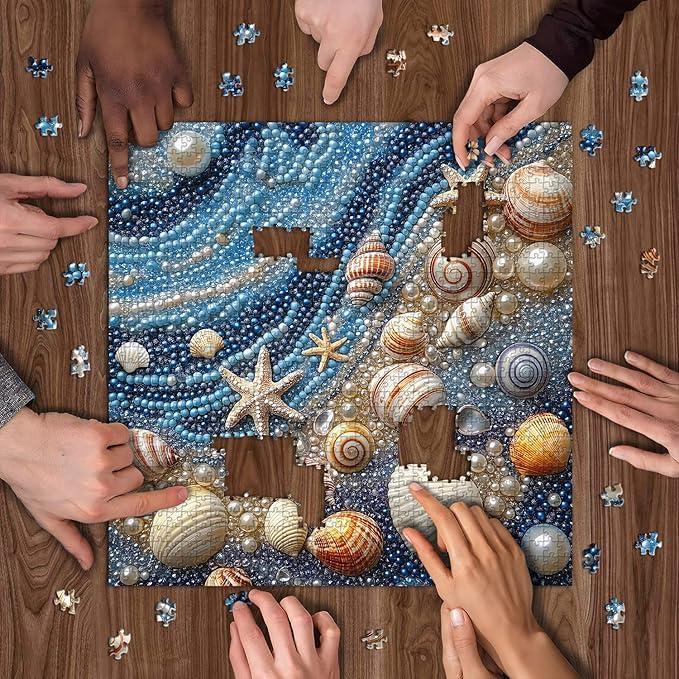 Beach 1000 Piece Puzzles for Adults, PICKFORU Mosaic Gradient Sea Jigsaw Puzzles Jewel Seashells, Challenging Hard Unique Pearl Shell Ocean Theme as House Decor