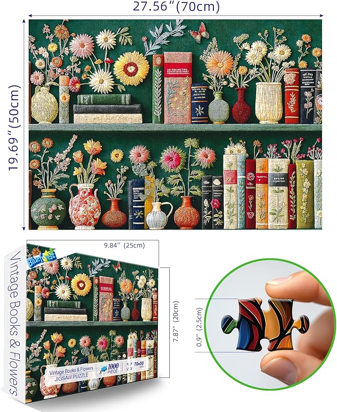 Blueforest 1000 Piece Puzzle for Adults - Vintage Embroidered Bookshelf & Floral Art, 27.5x19.7 Inches Premium Jigsaw Puzzle for Game Nights Relaxation & Home Decor