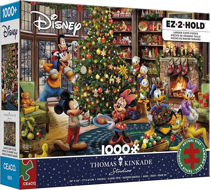 CEACO - Thomas Kinkade - Mickey & Minnie Trimming The Tree - 1000 Piece EZ 2 Hold Holiday Jigsaw Puzzle - Festive Puzzles for Adults – Precision-Cut Pieces and Hours of Relaxing Fun
