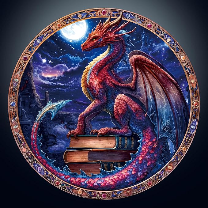 Round Jigsaw Puzzle 1000 Piece - Guardian Dragon & Ancient Books - 26.5in Circular Epic Fantasy Art, Starry Night Jigsaw Gift for Adults
