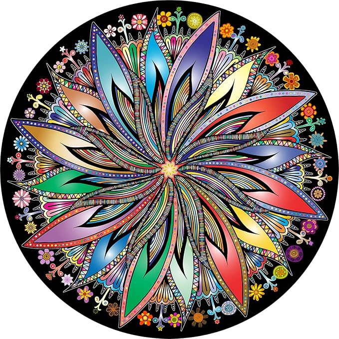 Bgraamiens Puzzle-Blooming Flowers-1000 Pieces Creative Geometric Round Blue Board Colorful Mandala Jigsaw Puzzle
