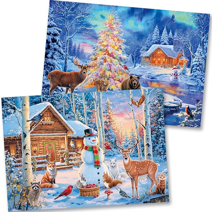 Sutinban 2 Pack Christmas 500 Piece Puzzles for Adults, Snowy Aurora Winter Jigsaw Puzzle for Adults Seniors, Happy New Year Gift Snowman Deer Challenging Colorful Puzzles Family Game Gift Decor