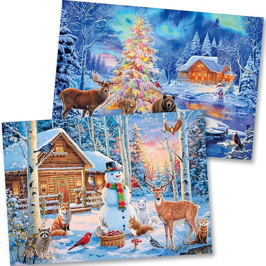Sutinban 2 Pack Christmas 500 Piece Puzzles for Adults, Snowy Aurora Winter Jigsaw Puzzle for Adults Seniors, Happy New Year Gift Snowman Deer Challenging Colorful Puzzles Family Game Gift Decor