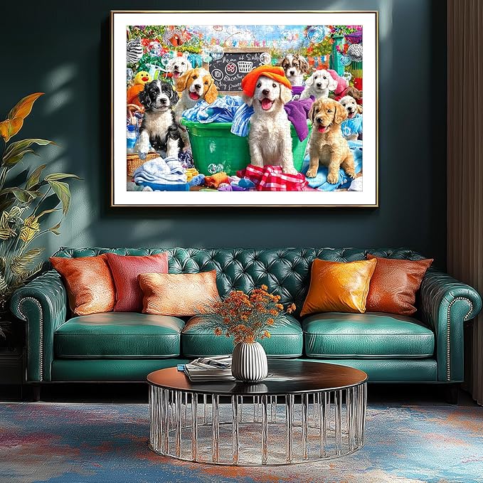 Puppy Party 1000 Piece Jigsaw Puzzle for Adults Dog Playful Scene Colorful Clothes Laundry Day Puzzles with Letters on Back Adult Games for Game Night Fun, 27x20 Inch