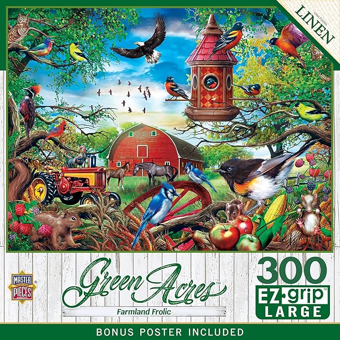 MasterPieces - 300 Piece Jigsaw Puzzle, Large EZ Grip Shapes, Farmland Frolic, Fun for Adults, Seniors, Family, Kids, Matte Finish, 18" x24