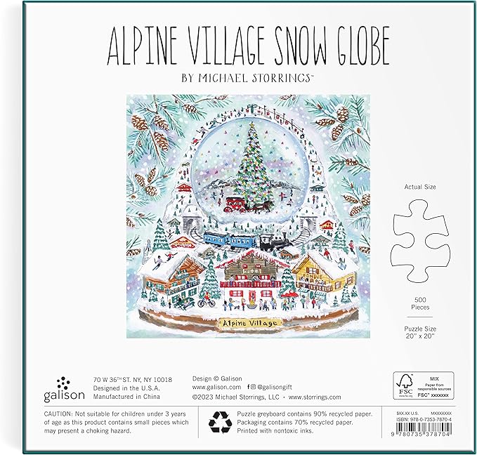 Galison Michael Storrings Alpine Village Snow Globe – 500 Piece Foil Puzzle of Christmas Snow Filled Mountains Artwork with Gold Foil Accents