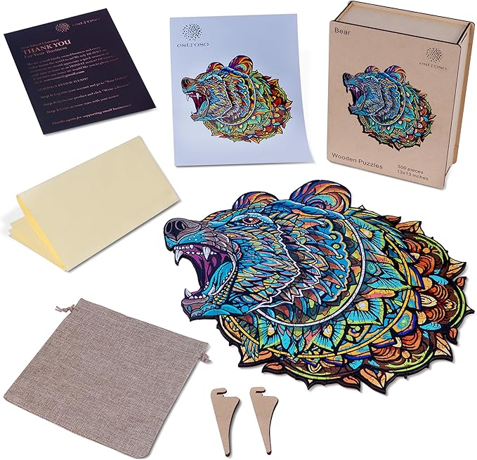 ESTROSO Wooden Puzzles for Adults - Bear Design - 300 Piece Puzzles for Adults, Wooden Jigsaw Puzzles - 13x13 Inches - Giftable Wooden Box and Carrying Bag