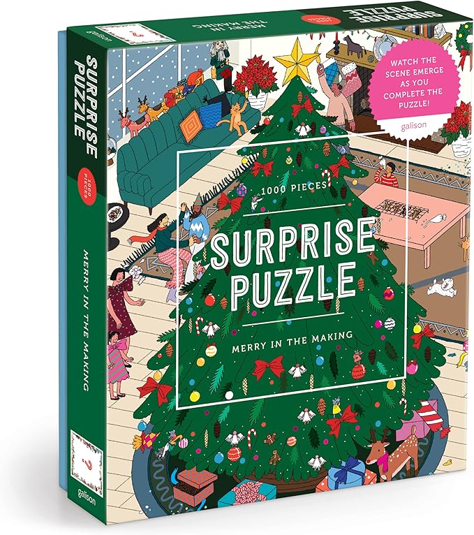 Galison Merry in The Making – 1000 Piece Surprise Jigsaw Puzzle Featuring A Holiday Party Surprise Illustration