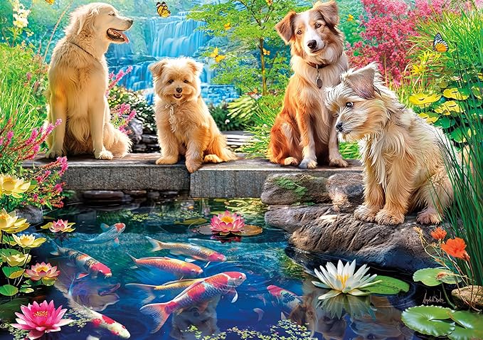 Ceaco - Doggies at the Koi Pond Puzzle 500 Pieces - Jigsaw Puzzles for Adults - Angelo Bonito - Bonus Poster - Made in USA - Recycled Materials - 21.25 x 15 Puzzle