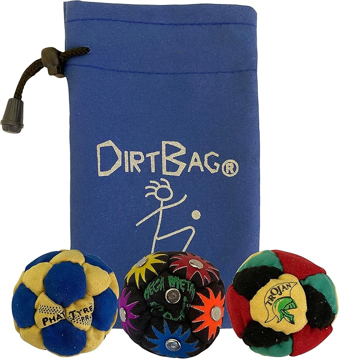 DIRTBAG Lover Footbag 3-Pack with Pouch, Includes Three Original and Unique Premium Quality Hand Sewn Footbags and Carry Pouch.