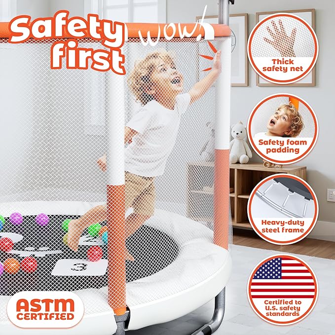 Happin® 55’’ Trampoline for Kids with Safety Enclosure, Indoor & Outdoor Toddler Trampoline, Ultra Safe Design with Multi Activity Accessories, Perfect Toddler Gift for Boys & Girls Ages 1–8