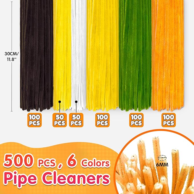 LINAYE 500 PCS Pipe Cleaners Craft, 6 Colors Pipe Cleaners Flowers Kit, Chenille Stems for Crafts with Instruction Wrapping Paper, Stems Art and Craft Supplies Yellow