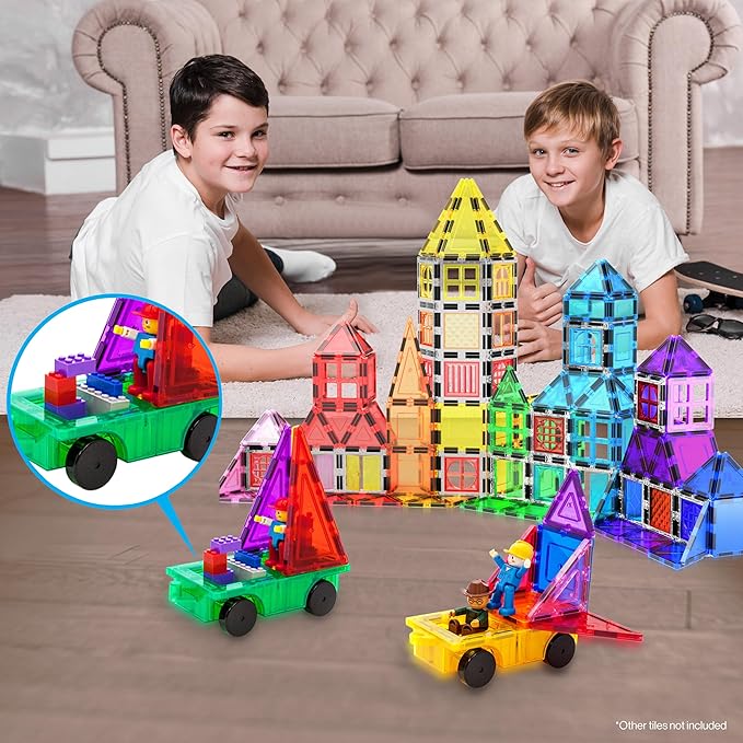 PicassoTiles 2pcs Magnetic Tiles Expansion Car Truck Building Blocks Compatible with regular bricks, Kids Magnet Bricks STEM Learning Toys, Add-ons Toddler Preschool 3 Years and up Boys and Girls PT21
