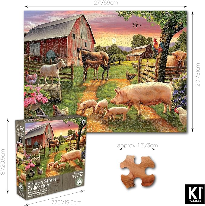 Playful Day at The Farm 750 Piece Jigsaw Puzzle for Adults by Sharon Steele – 27x20 Inch Whimsical Country Farm Scene from KI Puzzles – Challenging, Hard and Difficult Puzzle Gift for Puzzle Lovers