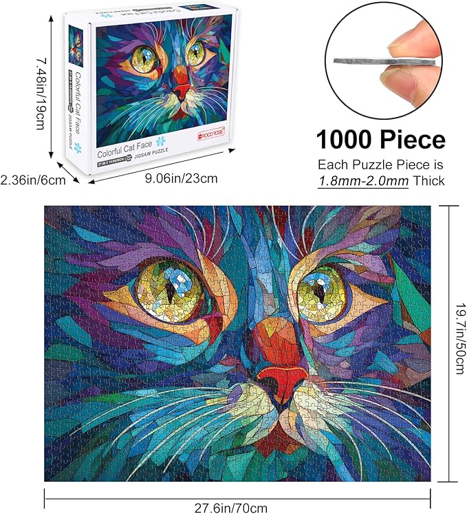 Rocorose Stained Glass Cat Jigsaw Puzzle for Adults, 1000 Pieces Pretty Kitten Art Puzzles Challenging Cute Colorful Animal Puzzle for Game Nights Home Decor