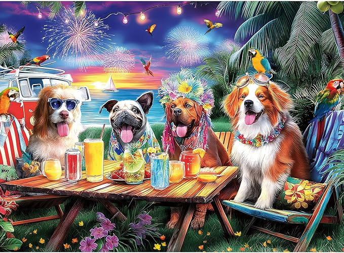 300 Piece Puzzles for Adults, 300 Piece Puzzles for Adults Large Piece, Beach Party Dogs Fireworks Jigsaw Puzzle, Challenging Puzzle Perfect for Game Nights, 20.5 X 15 in
