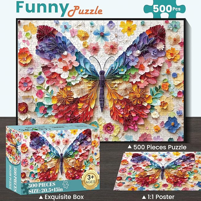 500 Piece Puzzle for Adult,Colorful Butterfly Flower Puzzle for Adults Seniors,Vivid Butterfly Paper Art Unique Fun Jigsaw Puzzle,Challenging Family Game Gift for Friends Men Women Seniors, 20.5*15In