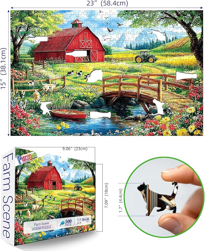 Puzzle for Adults 500 Pieces, Farm Scene Jigsaw Puzzle - Mountain Landscape with Red Barn for Family, Adults, Party Game, Finished Size 23" x 15"