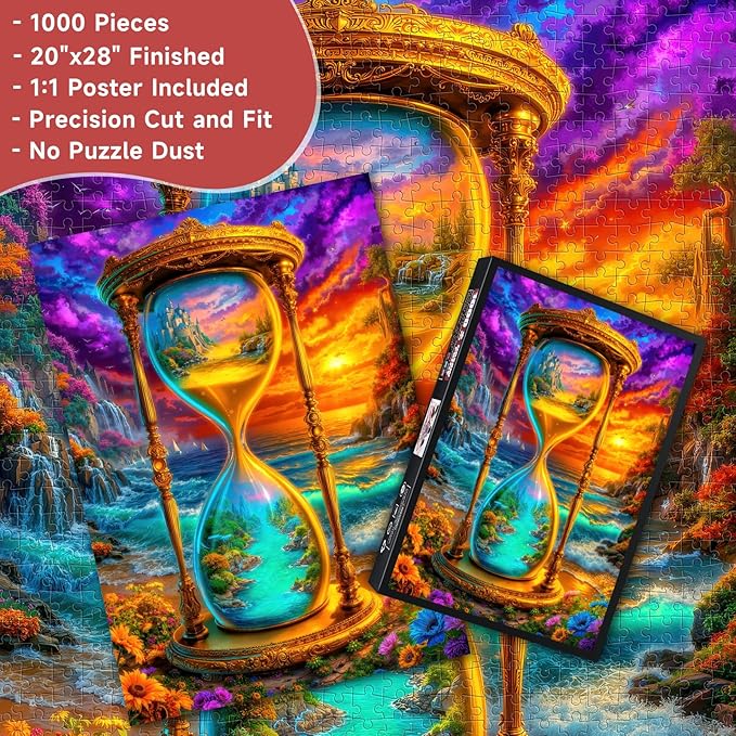Fantasy Hourglass 1000 Piece Puzzle for Adults - Magical Time & Landscape Art, Dual World Scene, Poster & Lettered Back, 20"x28" HD, Gift for Fantasy & Art Lovers