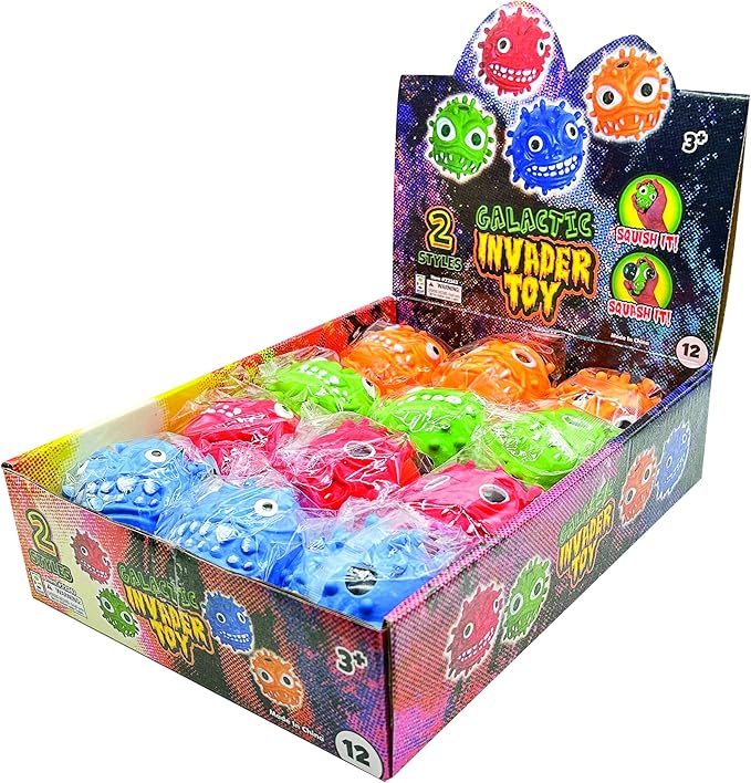 Raymond Geddes Galactic Invader Toys (12 per Pack) - Fun Stress Balls Filled with Black Squish Orb - Cool Toys for Kids