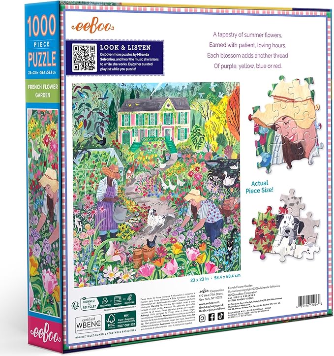 eeBoo 1000 Piece Puzzle - French Flower Jigsaw Puzzle for Adults, Square 23" x 23" Made with Recycled Board & Vegetable-Based Ink