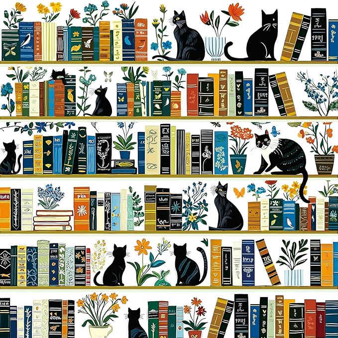 MINIWAN Aesthetic Black Cat Bookshelf 500 Piece Jigsaw Puzzle for Adults, Vintage Botanical Flower Art Puzzle, Large Piece Puzzle for Seniors Gift for Cat and Book Lovers 20x20 Inch