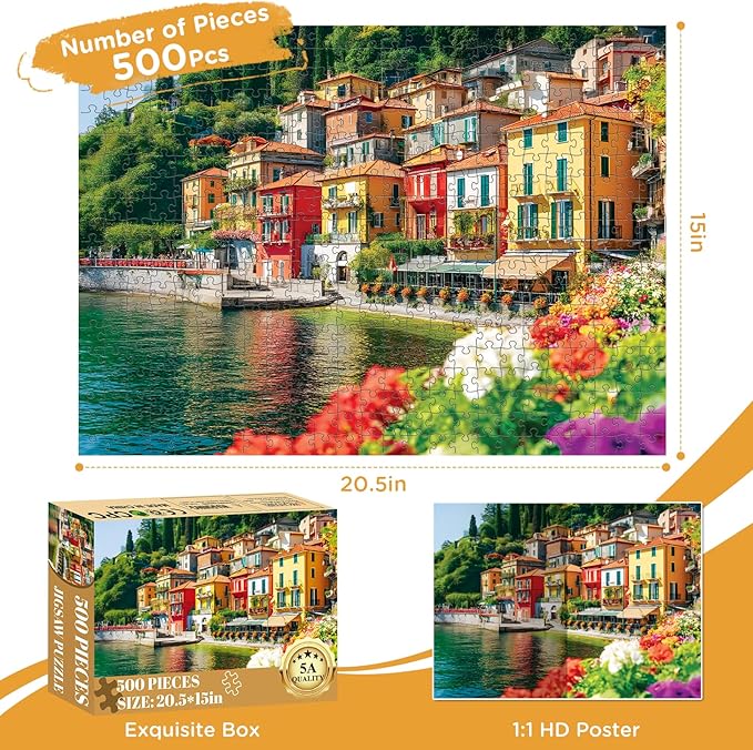 500 Piece Puzzle for Adult,Lake Como Scenery Italy Jigsaw Puzzle for Adults Seniors,Puzzle with Letters on Back,Interlock Perfectly No Dust,Challenging Family Activity Game Gift for Family,20.5*15 In