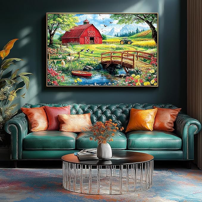 Puzzle for Adults 500 Pieces, Farm Scene Jigsaw Puzzle - Mountain Landscape with Red Barn for Family, Adults, Party Game, Finished Size 23" x 15"