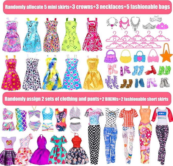 48 pcs Doll Clothes and Accessories, 2 Long Princess Dress, 2 Long Party Dresses, 2 Short Dresses, 2 Tops, 2 Pants, 5 Slip Skirts, 2 Bikinis and 31pcs Doll Accessories for 11.5 inch Dolls (No Doll)