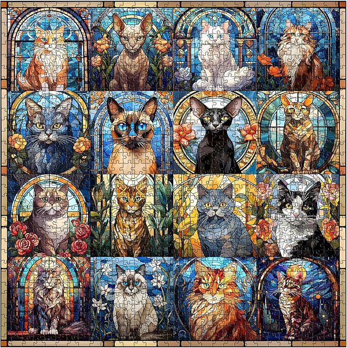 Stained Glass Puzzle Cat Puzzles for Adults 1000 Pieces, Colorful Kitty Kitten Collage Puzzles 1000 Pieces, Hard Difficult Impossible Challenging Jigsaw Puzzles for Adults
