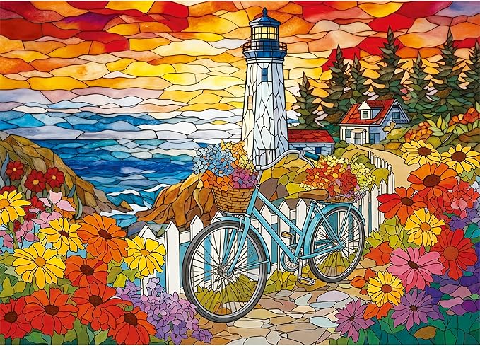 Puzzles for Adults 1000 Pieces Stained-Glass Lighthouse, Sunset Coastal Lighthouse Adults Puzzles Flowers Bike Letter on Back No Dust, Matte Finish Seaside Jigsaw Puzzles Home Decor, Gifts Games